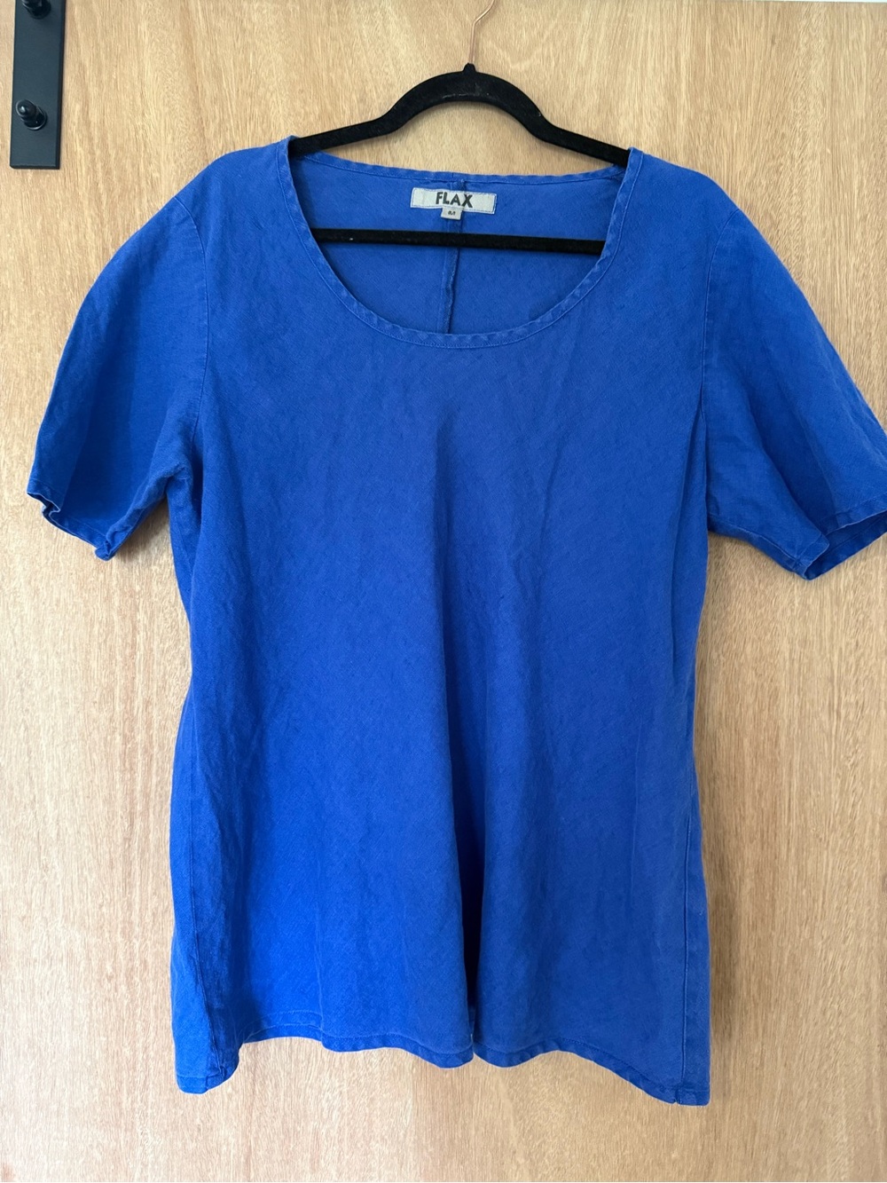 Flax 100% linen shirt cobalt blue scoop neck short sleeve oversized size m